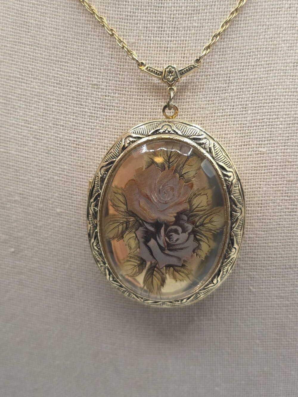 1928 Floral Locket Gold Tone Long Chain